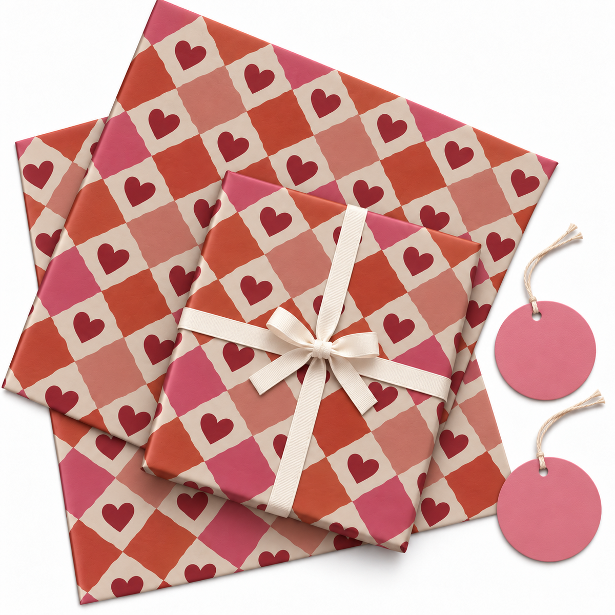 Pack of 2 Valentine Hearts Mosaic Design 50 x 70 cm Gift Wrap Sheets with 2 Tags - Mother's Day Birthdays Everyday Celebrations