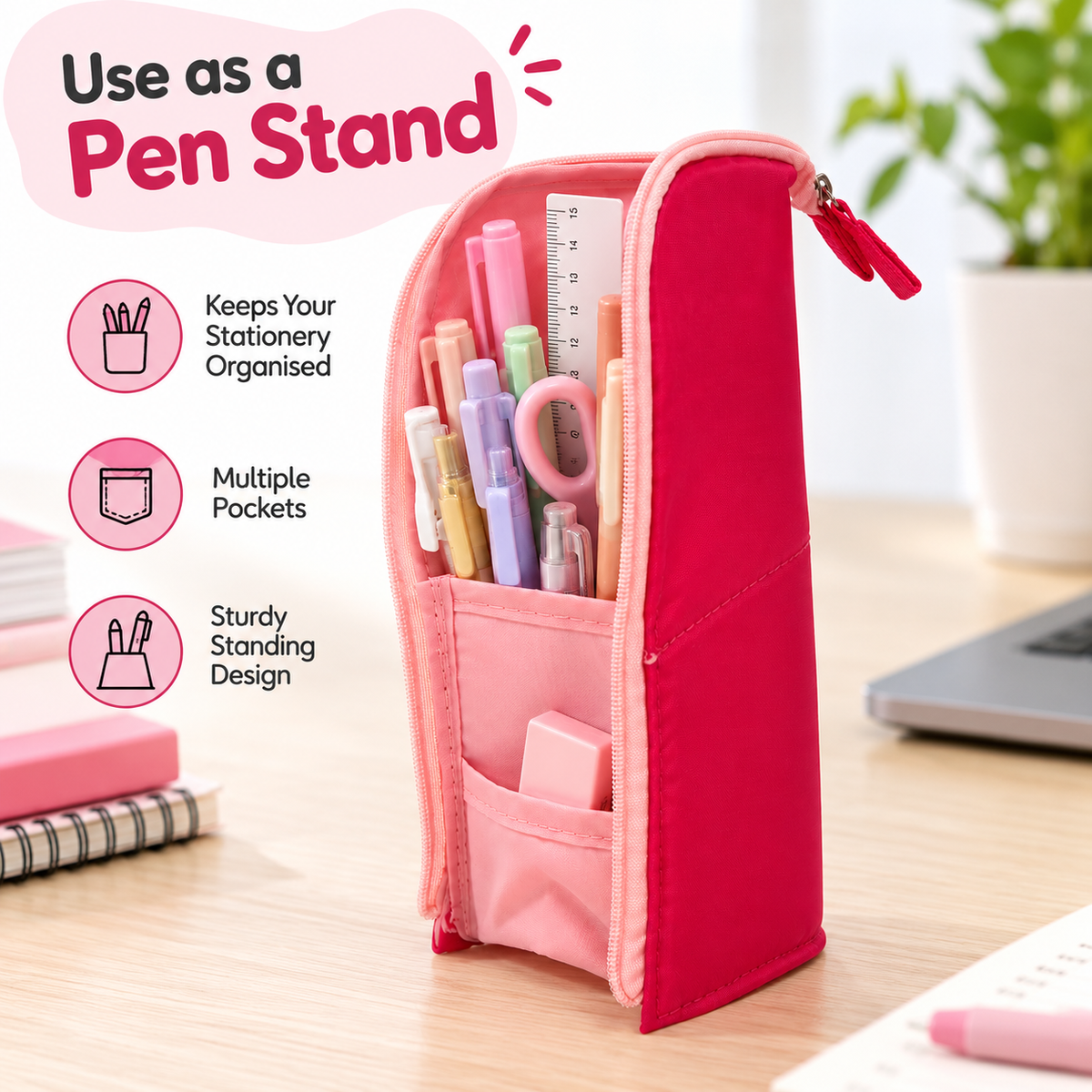 Pack of 6 Pink Standing Zip Pencil Cases 19.5 x 5 x 9cm