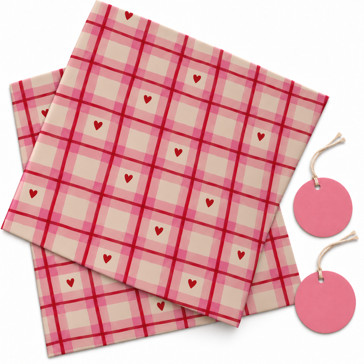 Pack of 2 Love Plaid Design 50 x 70 cm Gift Wrap Sheets with 2 Tags - Valentine’s Day Christmas Romantic Occasions Birthdays