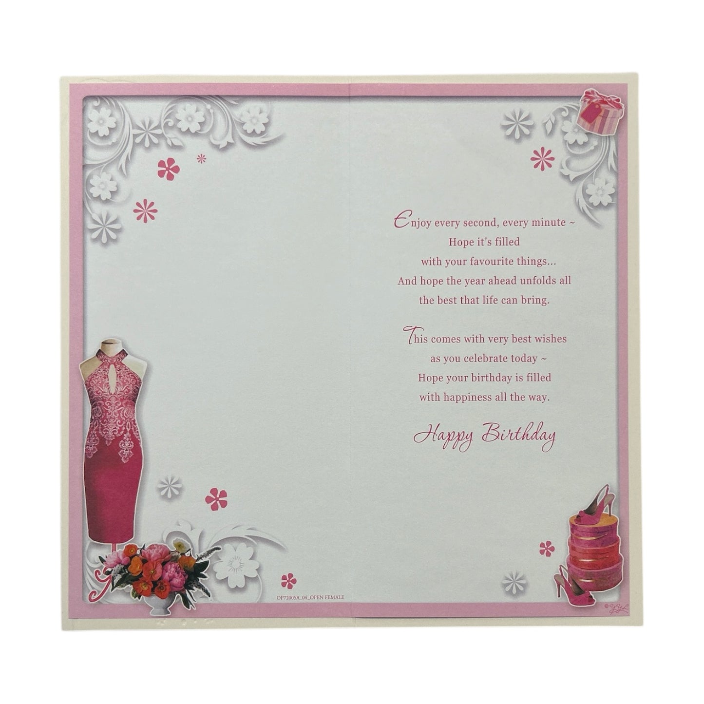 Open Female Pink Dress and Shoes Design Opacity Birthday Card