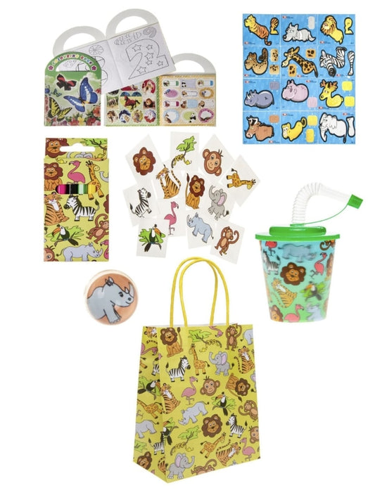 Pack of 20 Pre Filled Wild Animal Theme Kids Party Favour Bags – Gift Bags with Reusable Cup & Themed Toys