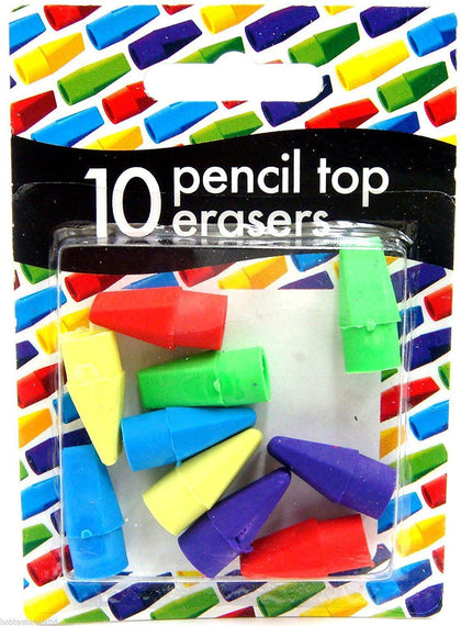 Pack 10 Pencil Top Erasers Assorted Colours
