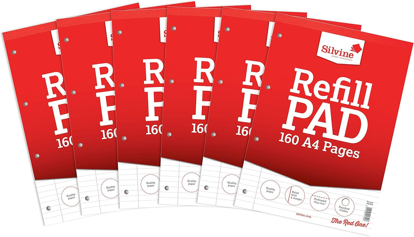 Pack of 6 A4 160 Pages 8mm Feint with Margin Refill Pads