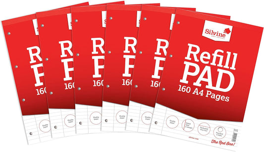 Pack of 6 A4 160 Pages 8mm Feint with Margin Refill Pads