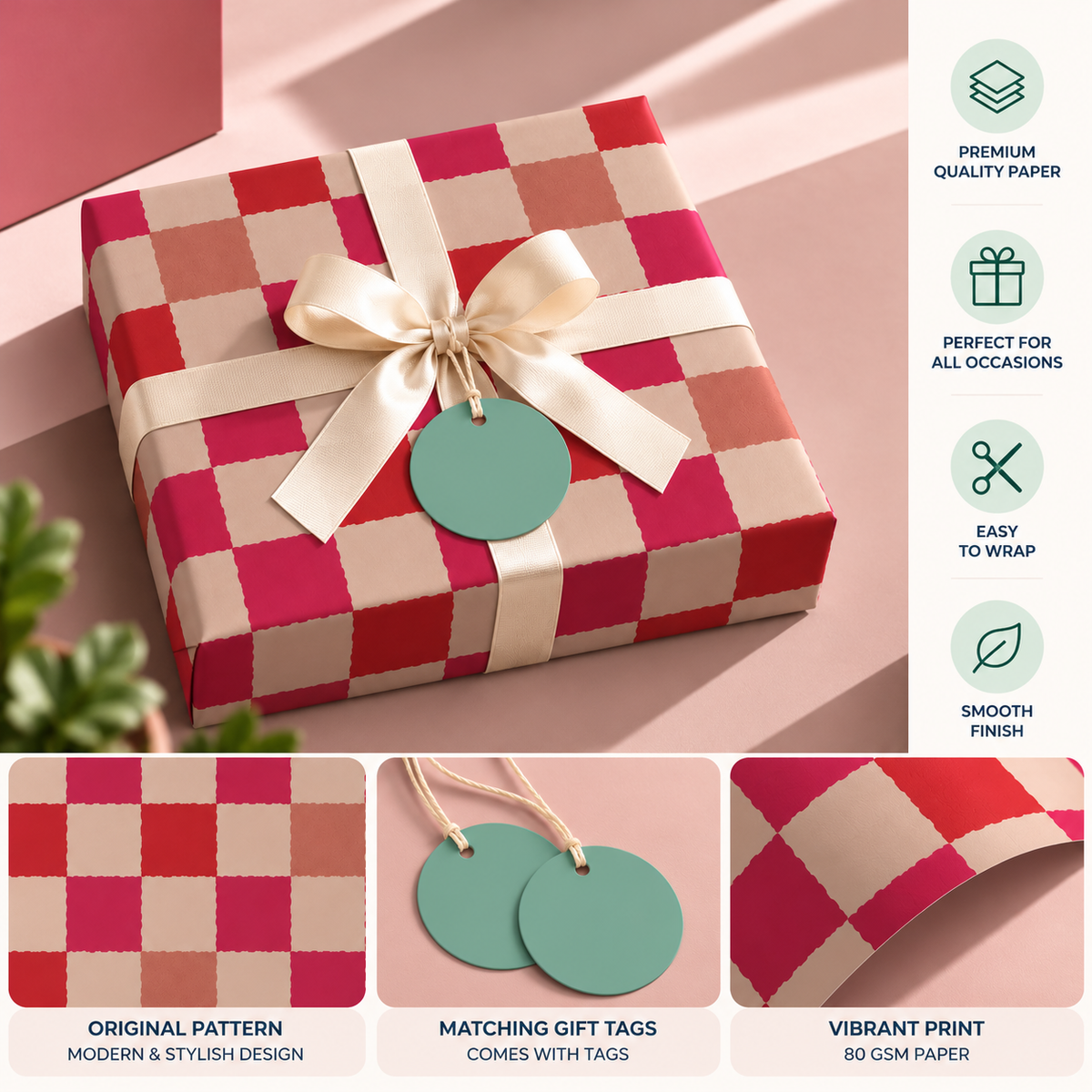 Pack of 2 Picnic Check Design 50 x 70 cm Gift Wrap Sheets with 2 Tags - Christmas Birthdays Kids Party Holiday Gifting