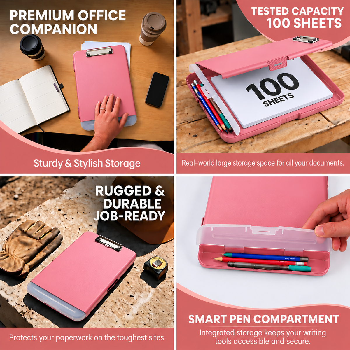 Pack of 6 A4 Pink Plastic Clipboard Box Files With Pencil Holder - Storage Filing Case