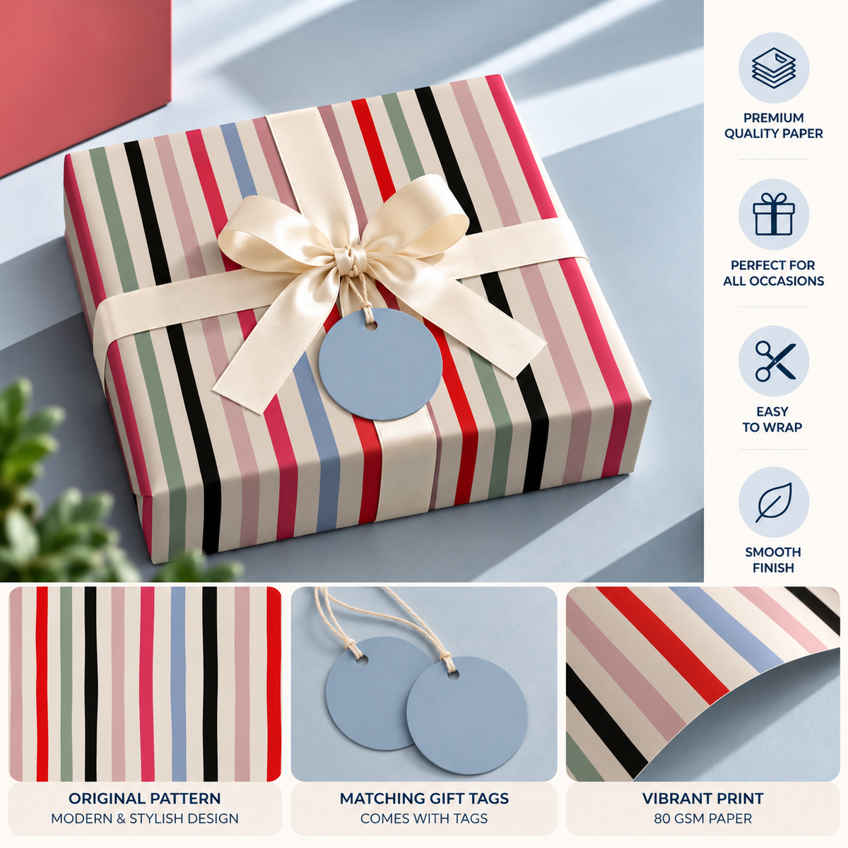 Pack of 2 Candy Stripe Parade Design 50 x 70 cm Gift Wrap Sheets with 2 Tags - Valentine’s Day Birthdays Festive Gifting