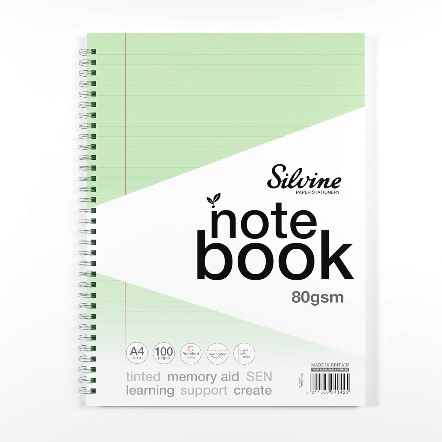 Pack of 3 A4+ 100 Pages Twin Wire SEN Green Paper Dyslexia Notebooks - Lined with Margin