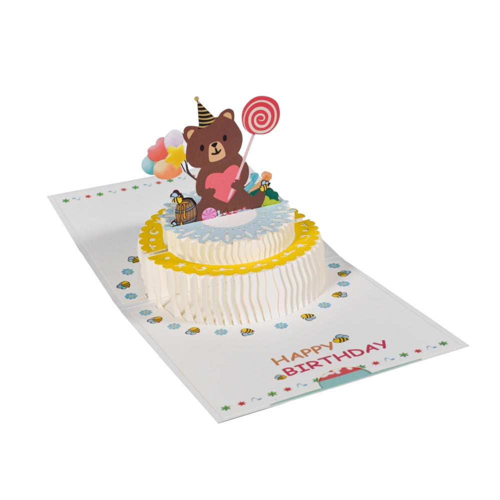 Cake and Bear Holding Heart Design 3D Pop Up Birthday Card