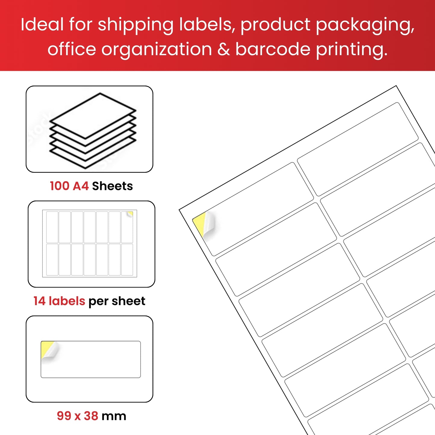 Pack of 1400 White 99x38mm Self Adhesive Labels (14 Labels per A4 Sheet)