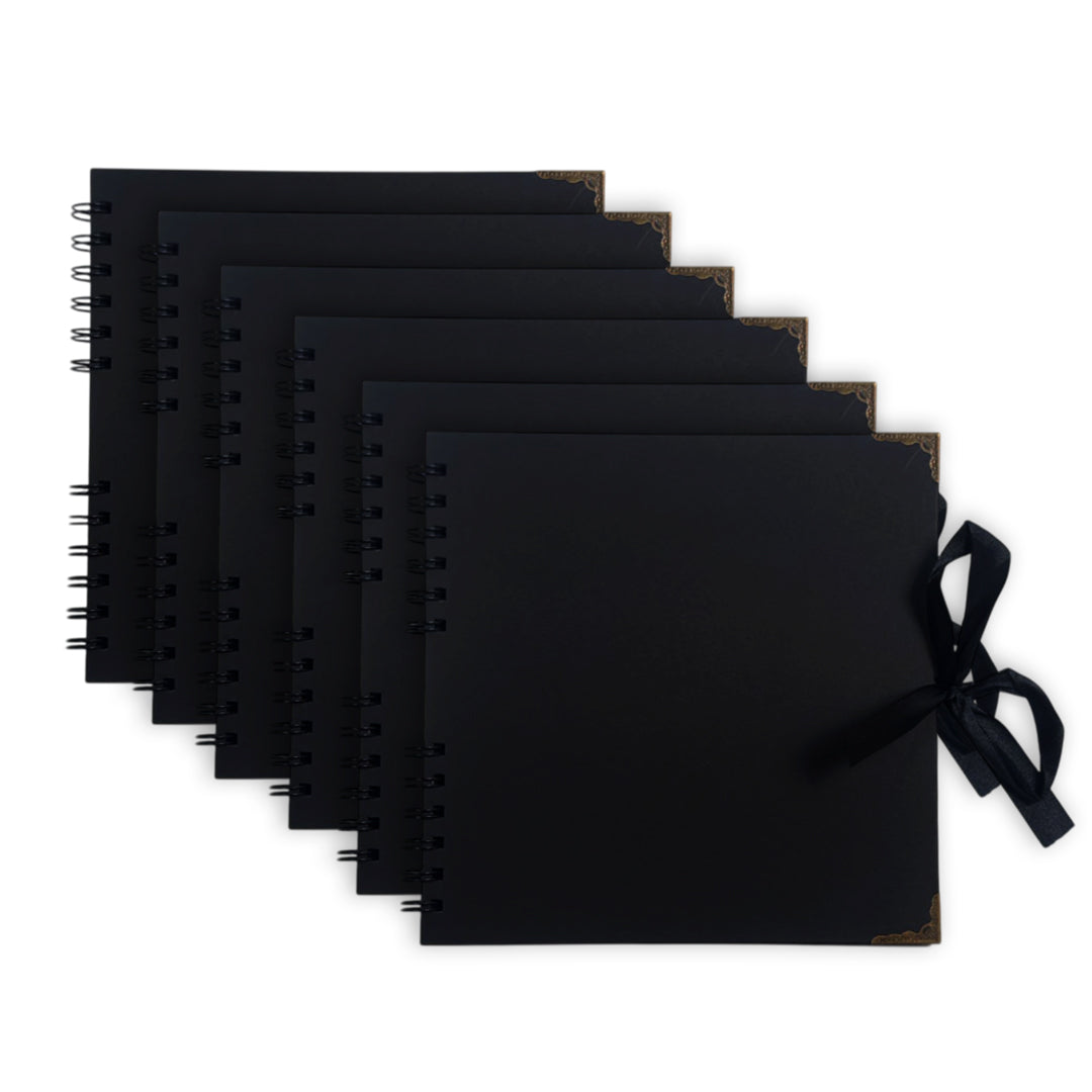 Pack of 6 Spiral Bound 180gsm Black Scrapbooks with Ribbon Closure and Metal Corners - 30 Sheets 20x20cm