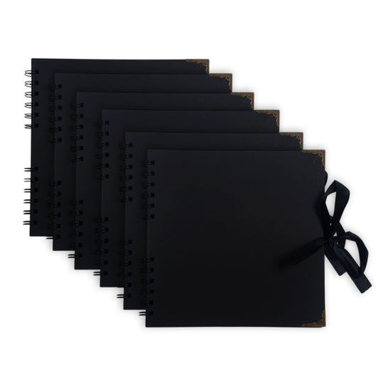 Pack of 6 Spiral Bound 180gsm Black Scrapbooks with Ribbon Closure and Metal Corners - 30 Sheets 20x20cm