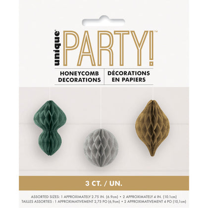 Pack of 3 Modern Christmas Assorted Mini Ornament Honeycomb Decorations