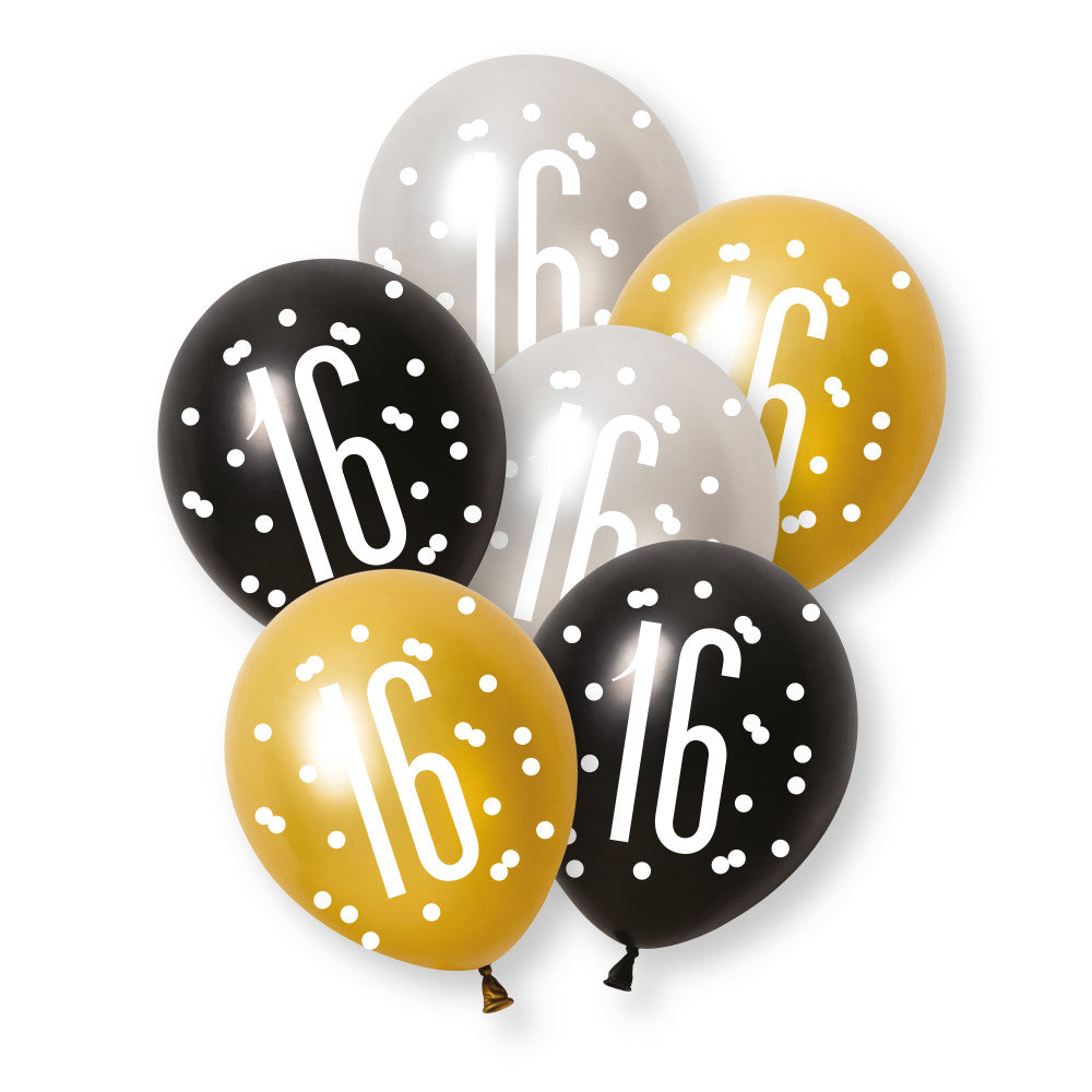 Pack of 6 Birthday Black Platinum Pearl Glitz Number 16 12" Latex Balloons