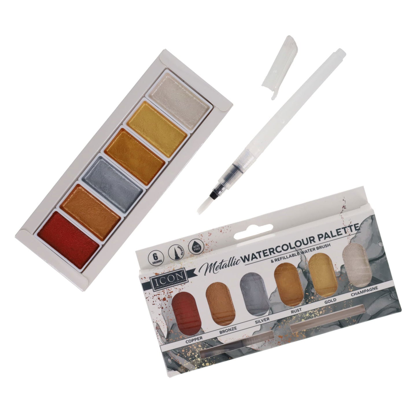 Pack of 6 Metallic Watercolour in Palette & Refillable Water Brush by Icon