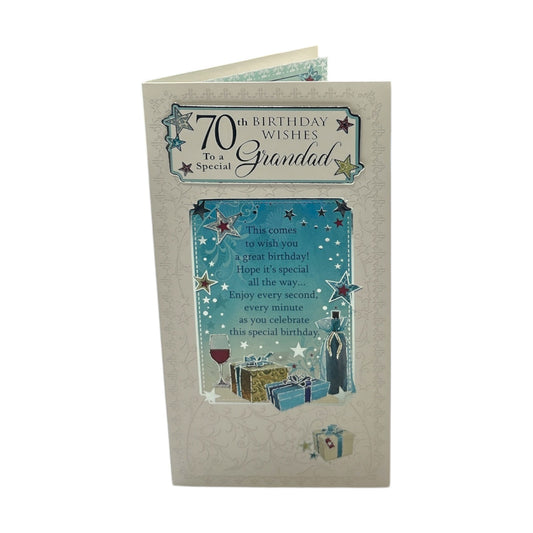 70th Birthday Wishes To A Special Grandad Birthday Card Wine Presents 3D Foil Detail