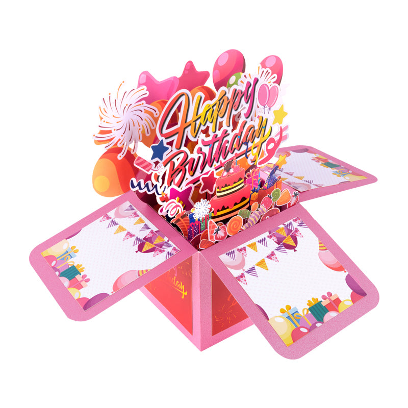 Pink Balloons Fireworks Peach Red 3D Pop Up Birthday Box Card Surprise Gift Box
