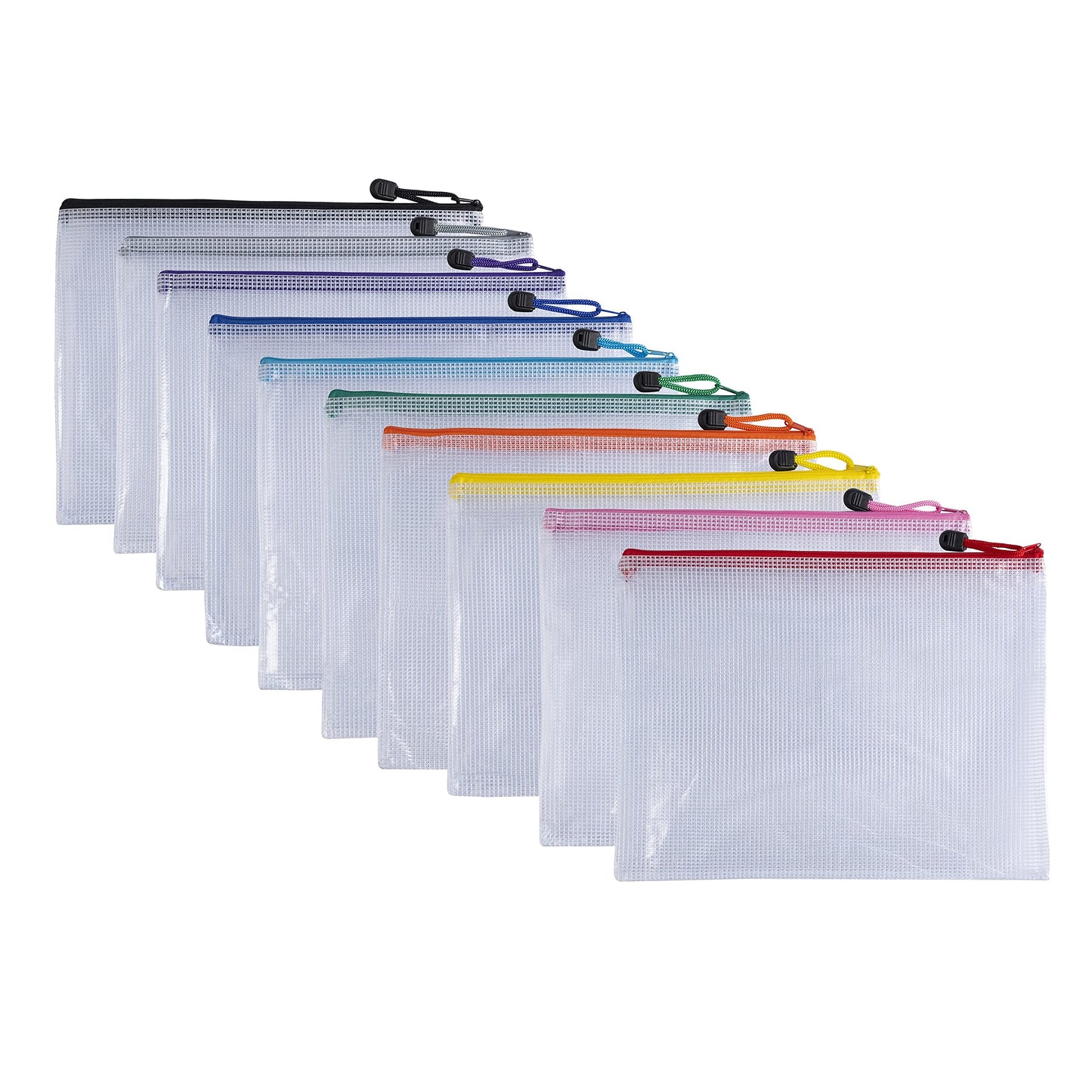Pack of 10 A3 Assorted PVC Mesh Coloured Zip Bags