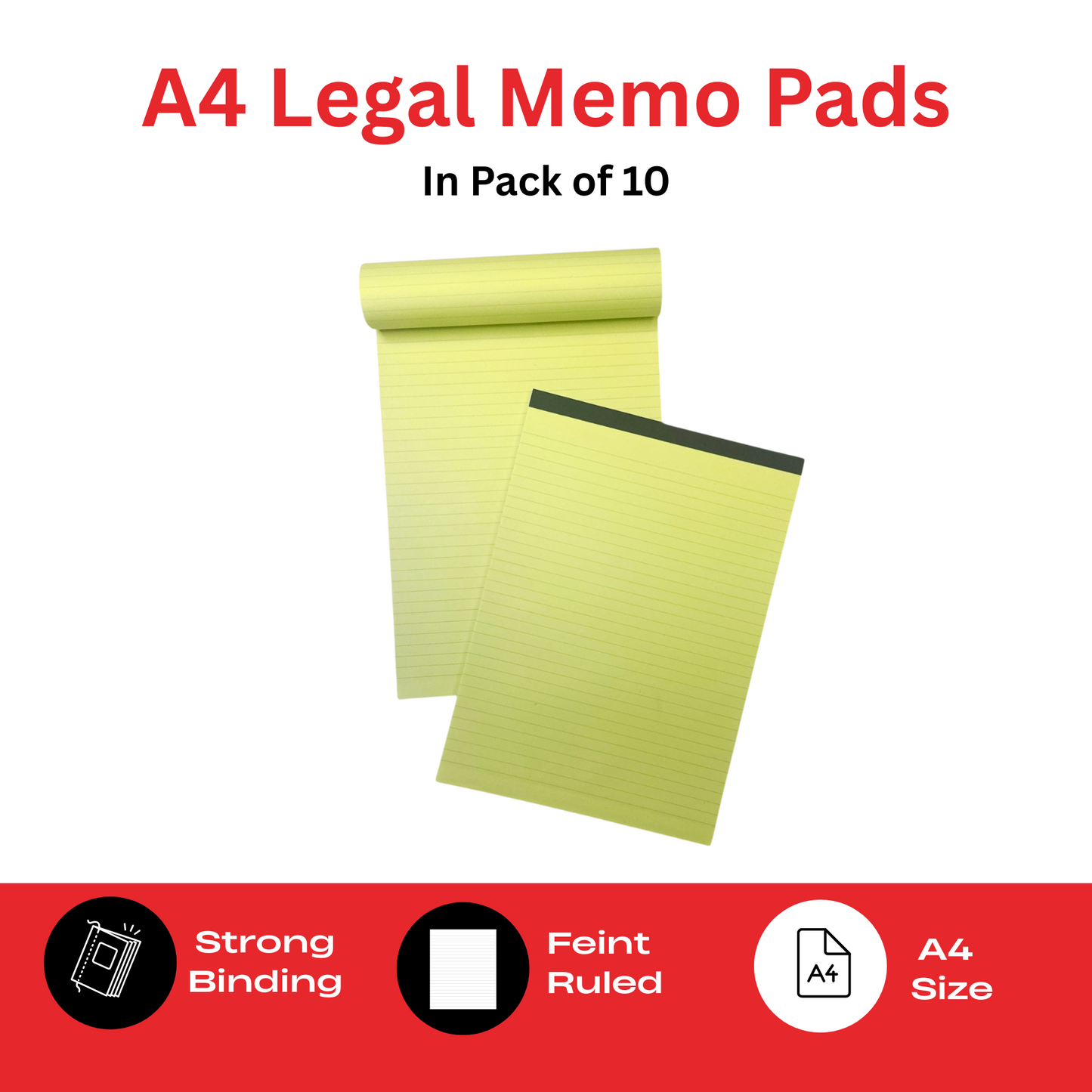 Pack of 10 160 Pages A4 Yellow Feint Ruled Board Back Memo Pads