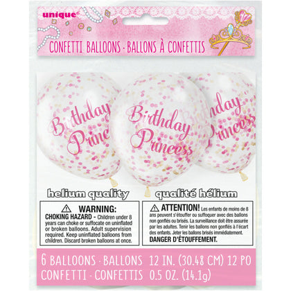 Pack of 6 Pink Princess Clear Latex Balloons with Confetti 12