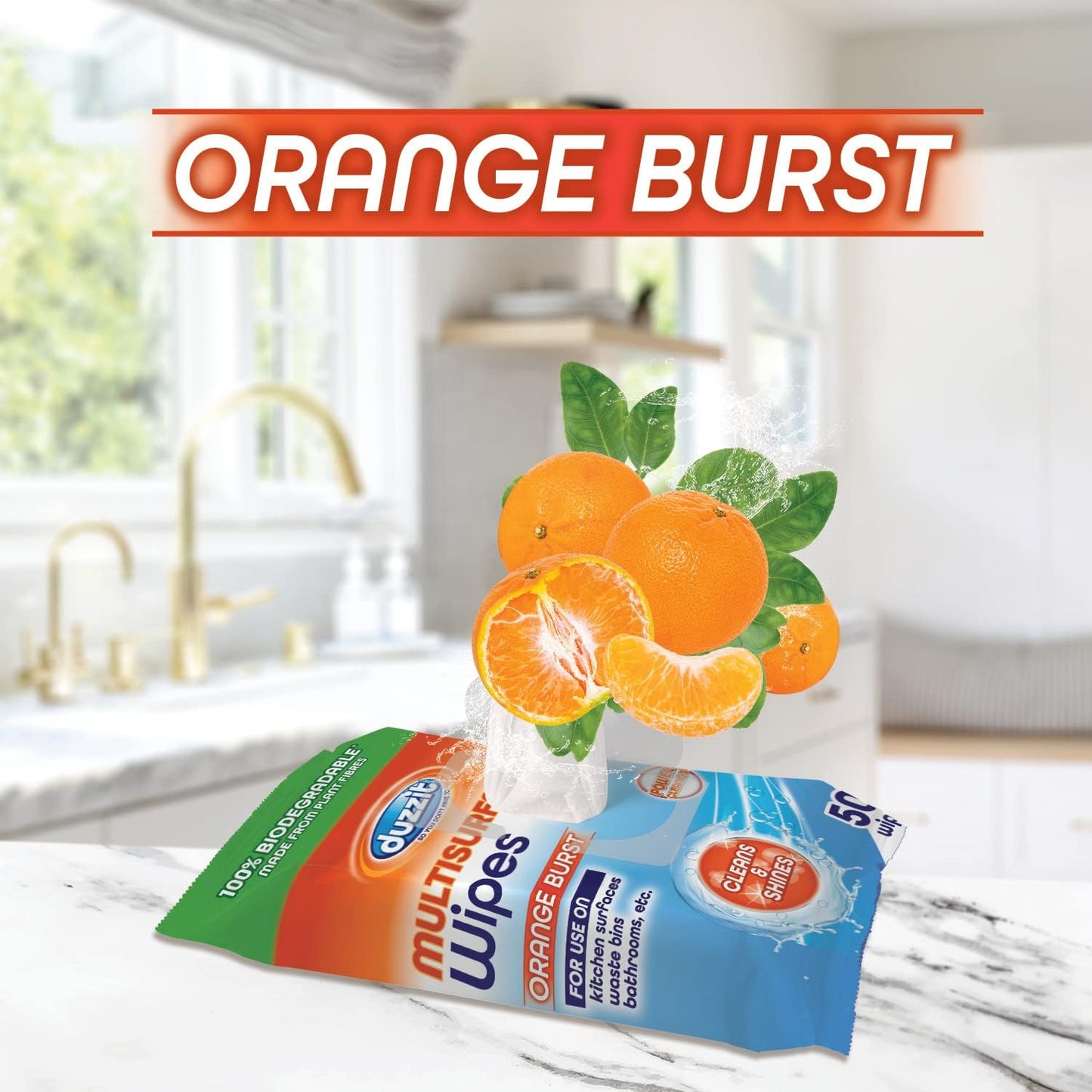 Pack of 50 Duzzit Biodegradable Multisurface Orange Burst Fragrance Wipes