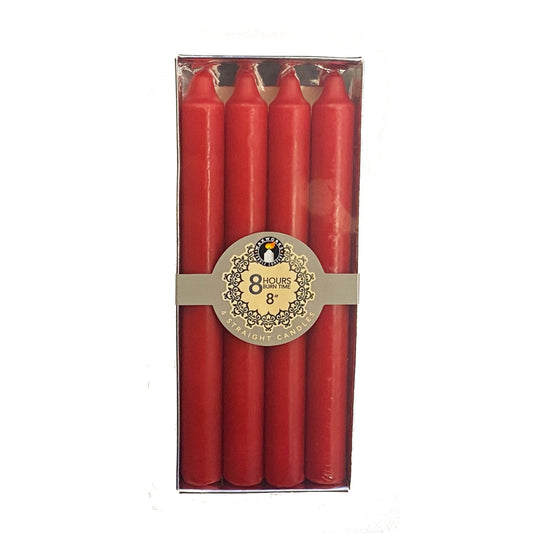 Set Of 4 8'' Straight Red Candles - 8 Hours Burn Time