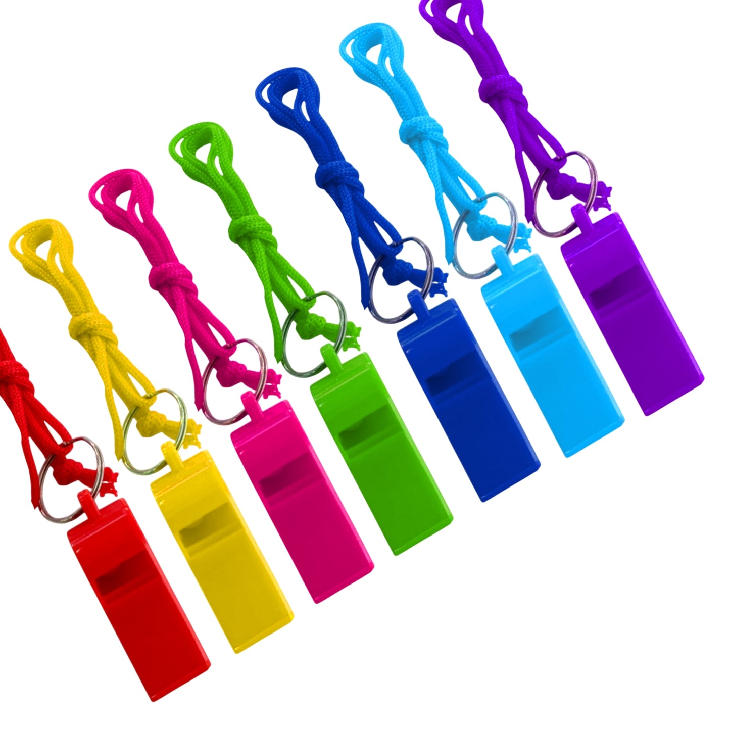 Pack of 50 Assorted Colour Whistles with Lanyards