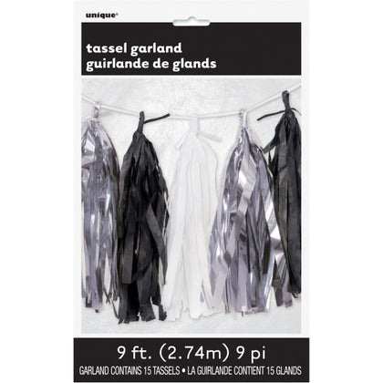 9ft Silver, Black and White Tissue Tassel Garland