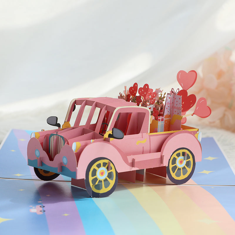 Love Express Pink Car 3D Pop Up Greeting Card - Wedding Valentine's Day Anniversary 