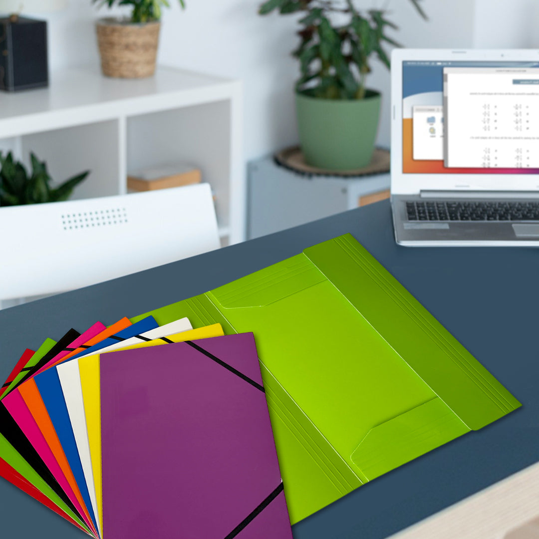 Pack of 12 Janrax A4 Assorted Colour Laminated Card 3 Flap Folders with Elastic Closure