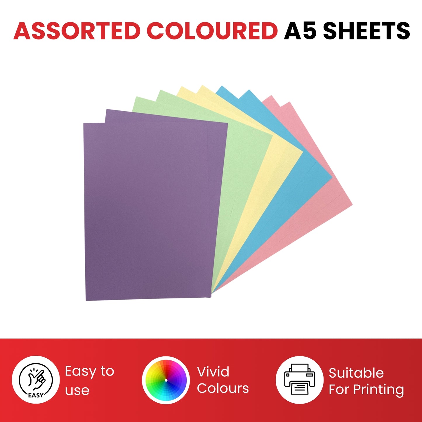 Pack of 1000 A5 Assorted Pastel Coloured Paper 75gsm Sheets