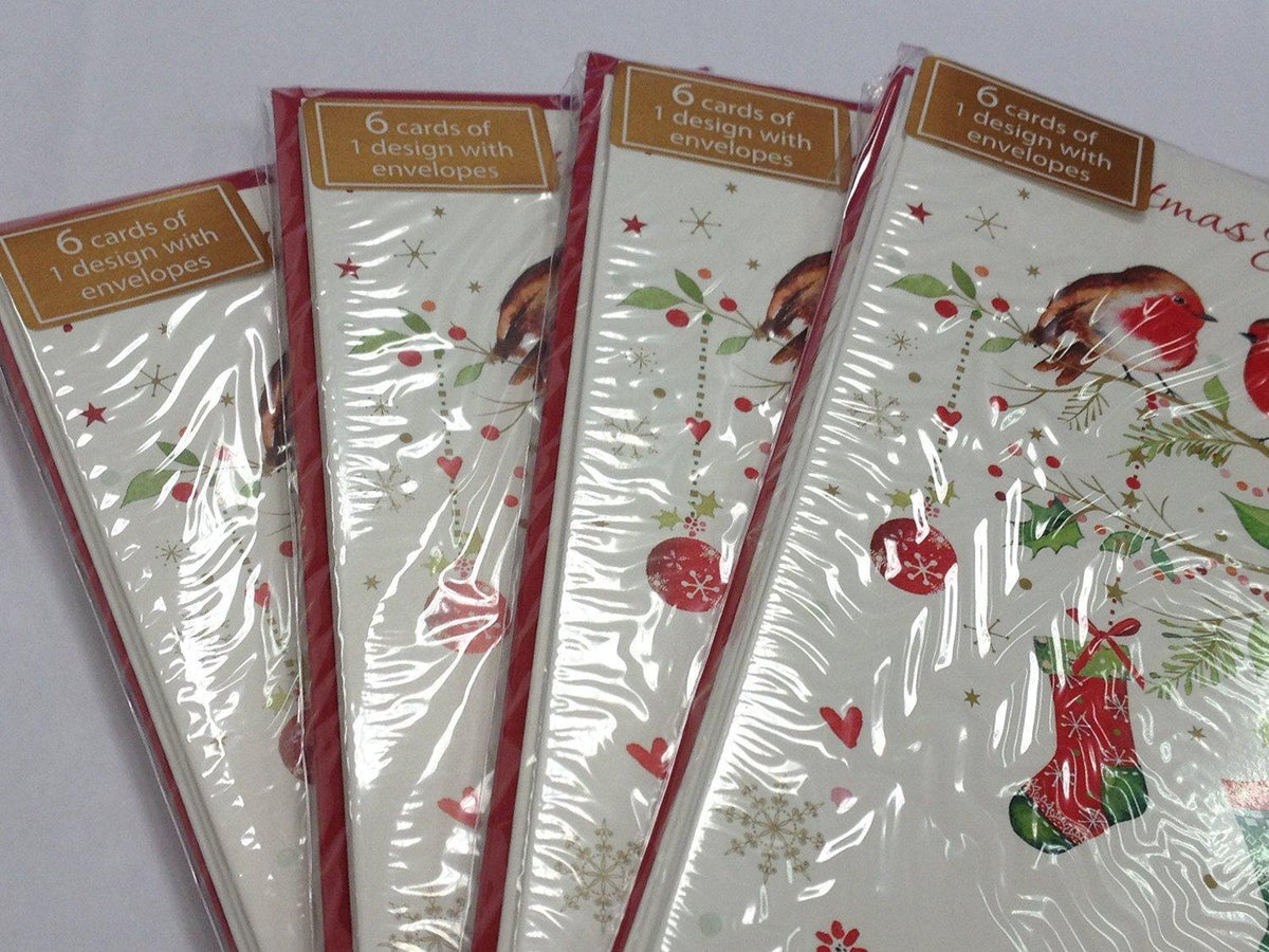 Pack of 24 'Tree Robins & Present' Design Christmas Greeting Cards 
