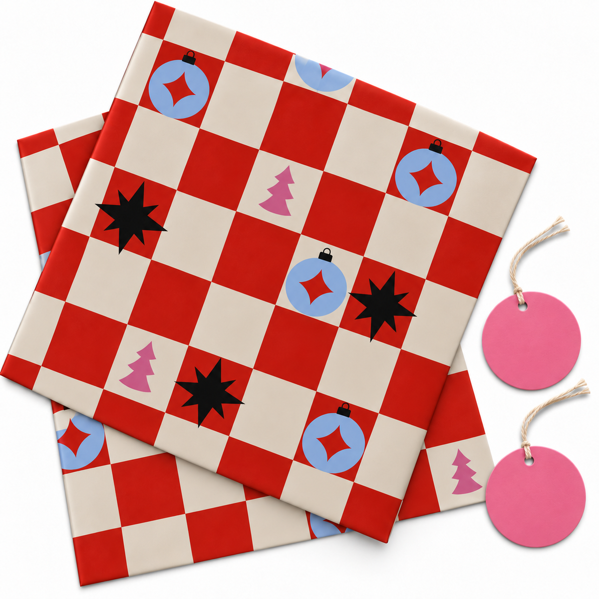 Pack of 2 Festive Checkboard Design 50 x 70 cm Gift Wrap Sheets with 2 Tags - Christmas Valentine’s Mother's Day Everyday Celebrations