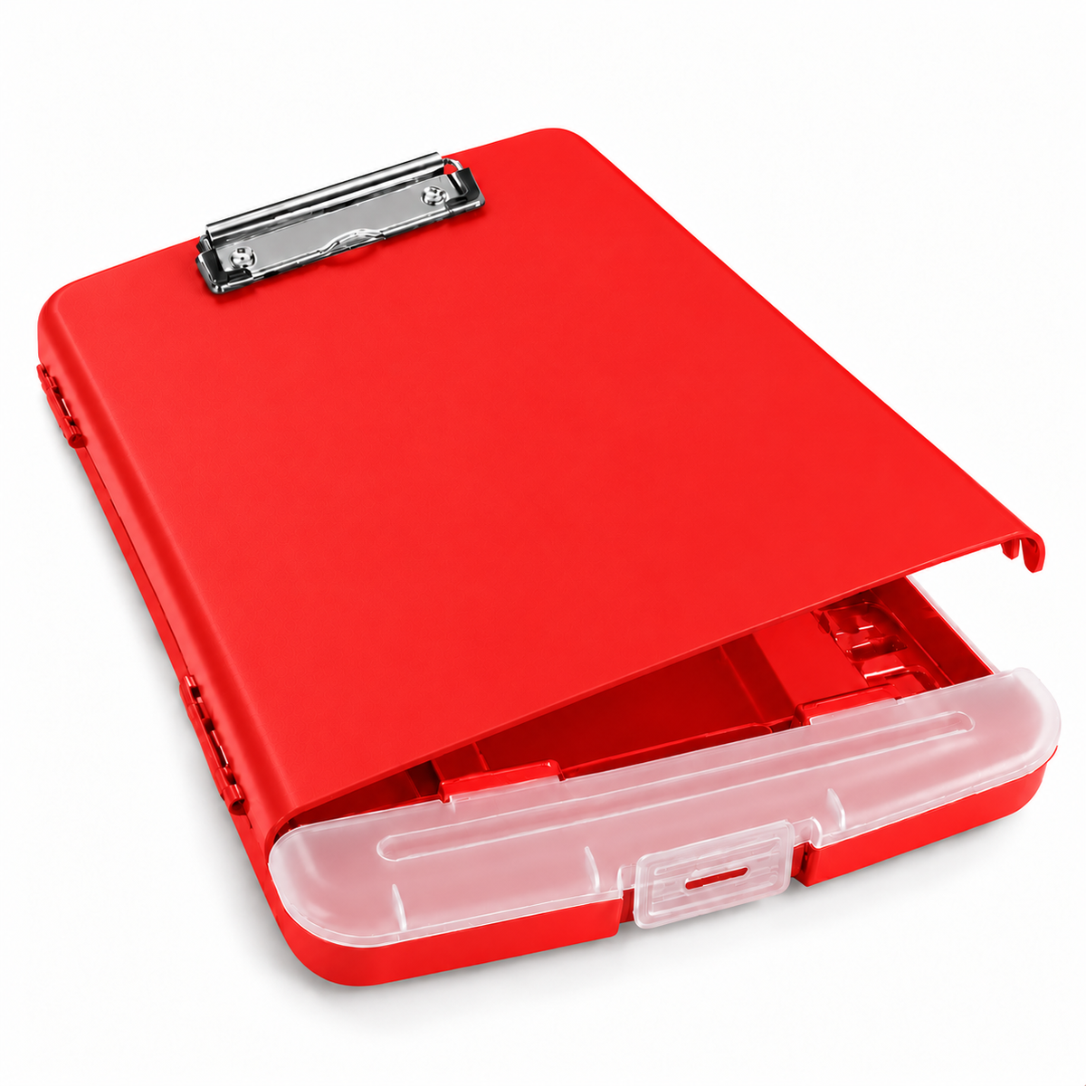 Pack of 12 A4 Red Plastic Clipboard Box Files With Pencil Holder - Storage Filing Case