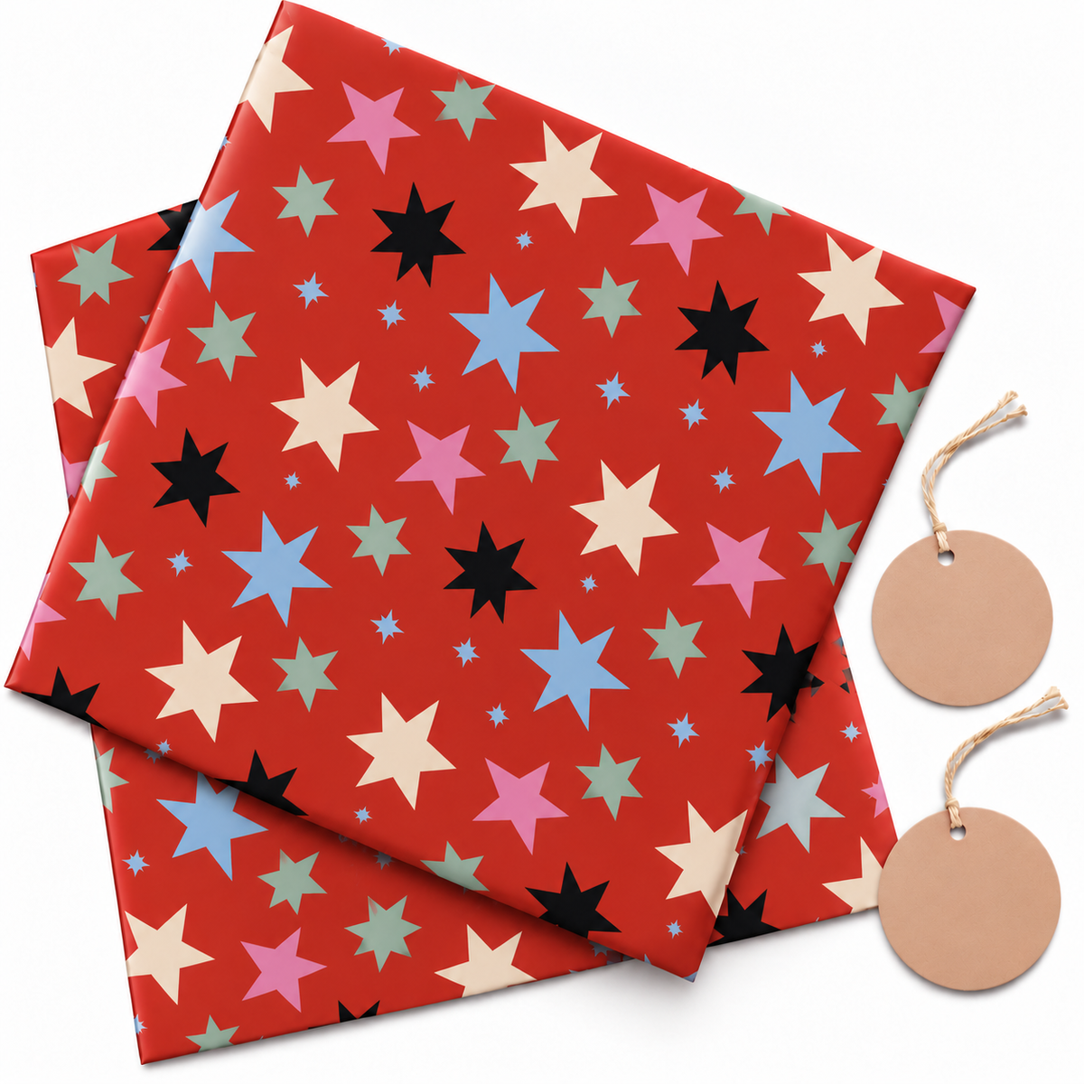 Pack of 2 Starburst Design 50 x 70 cm Gift Wrap Sheets with 2 Tags - Christmas Birthdays Festive Gifting