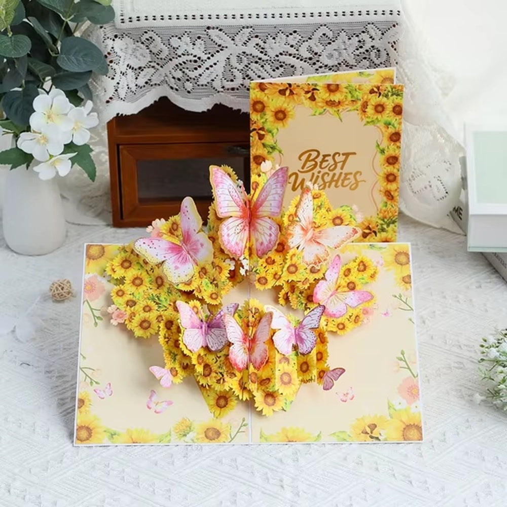 Sunflowers Flying & Butterflies Dancing Best Wishes 3D Pop Up Greeting Card