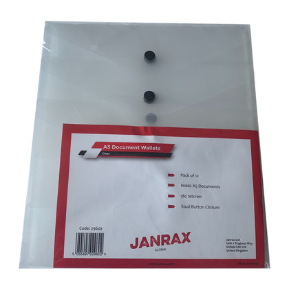 Pack of 12 Janrax A5 Clear Document Wallets by Janrax
