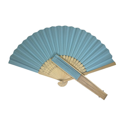 Light Blue Paper Foldable Hand Held Bamboo Wooden Fan by Parev