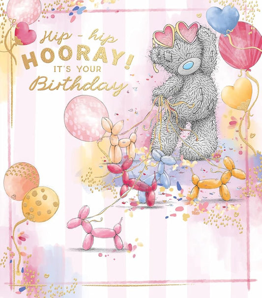 Bear With Heart Shaped Glasses And Balloon Hip Hip Hooray Birthday Card