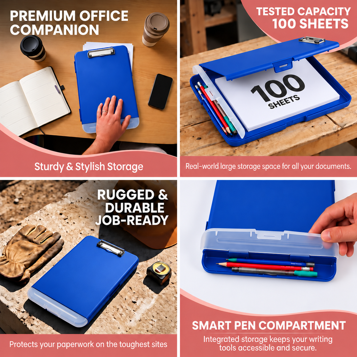 Pack of 6 A4 Blue Plastic Clipboard Box Files With Pencil Holder - Storage Filing Case