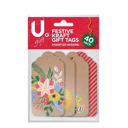 Pack of 40 Festive Kraft Designs Christmas Gift Tags