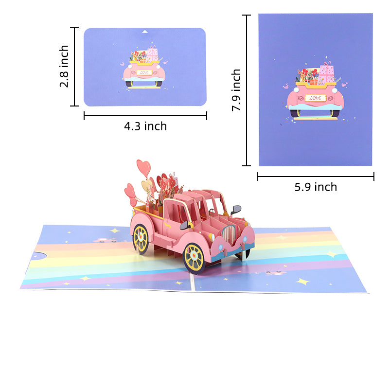 Love Express Pink Car 3D Pop Up Greeting Card - Wedding Valentine's Day Anniversary 