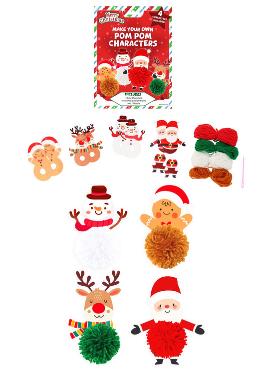 Christmas Make Your Own Pom-Pom Characters 4-Piece Craft Set - Festive DIY Activity Kit Stocking Filler