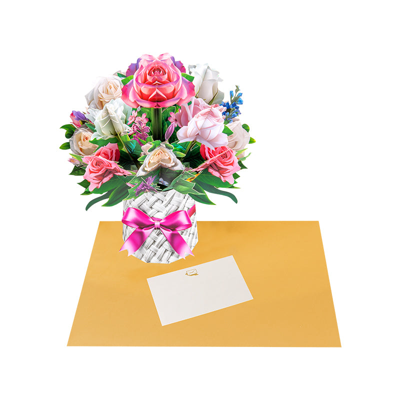 Pink And White Rose Bouquet in Basket Design 3D Pop Up Card