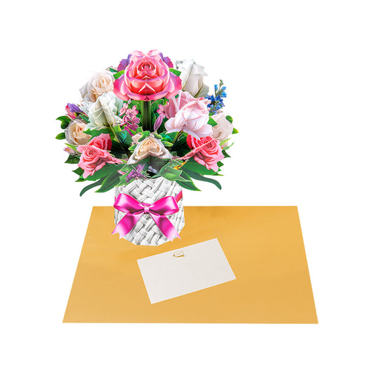 Pink And White Rose Bouquet in Basket Design 3D Pop Up Card