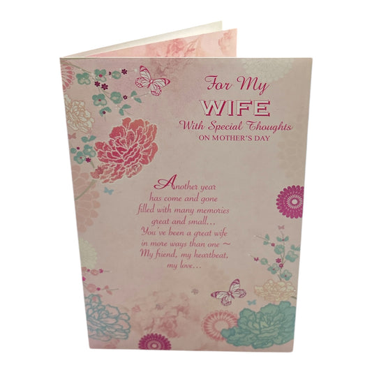 For My Wife With Special Thoughts Pink Floral Print Mother's Day Card