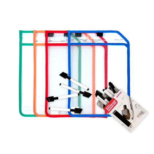 Pack of 4 Assorted Coloured Edge Clear Dry Erase Write and Wipe Reusable Sleeve Pockets With 12 Markers