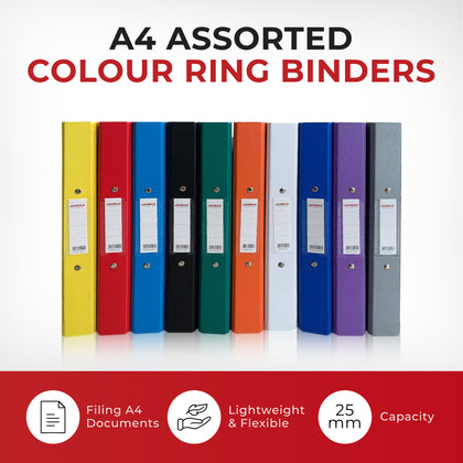 Pack of 10 A4 Assorted Colour Paper Over Board Ring Binders by Janrax