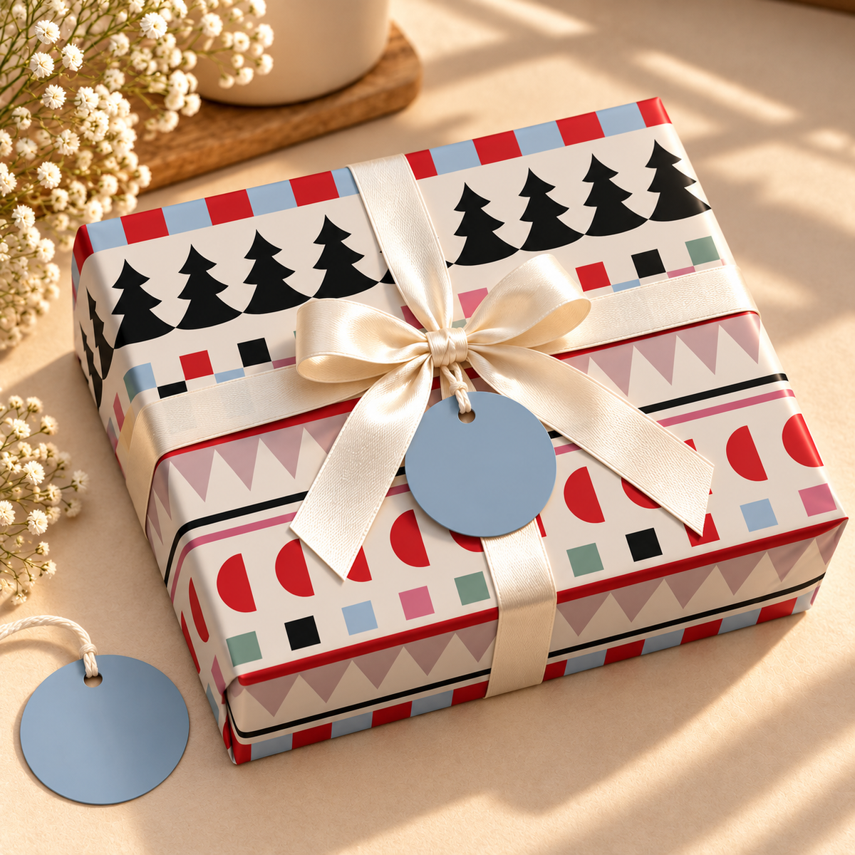 Pack of 2 Retro Christmas Rows Design 50 x 70 cm Gift Wrap Sheets with 2 Tags