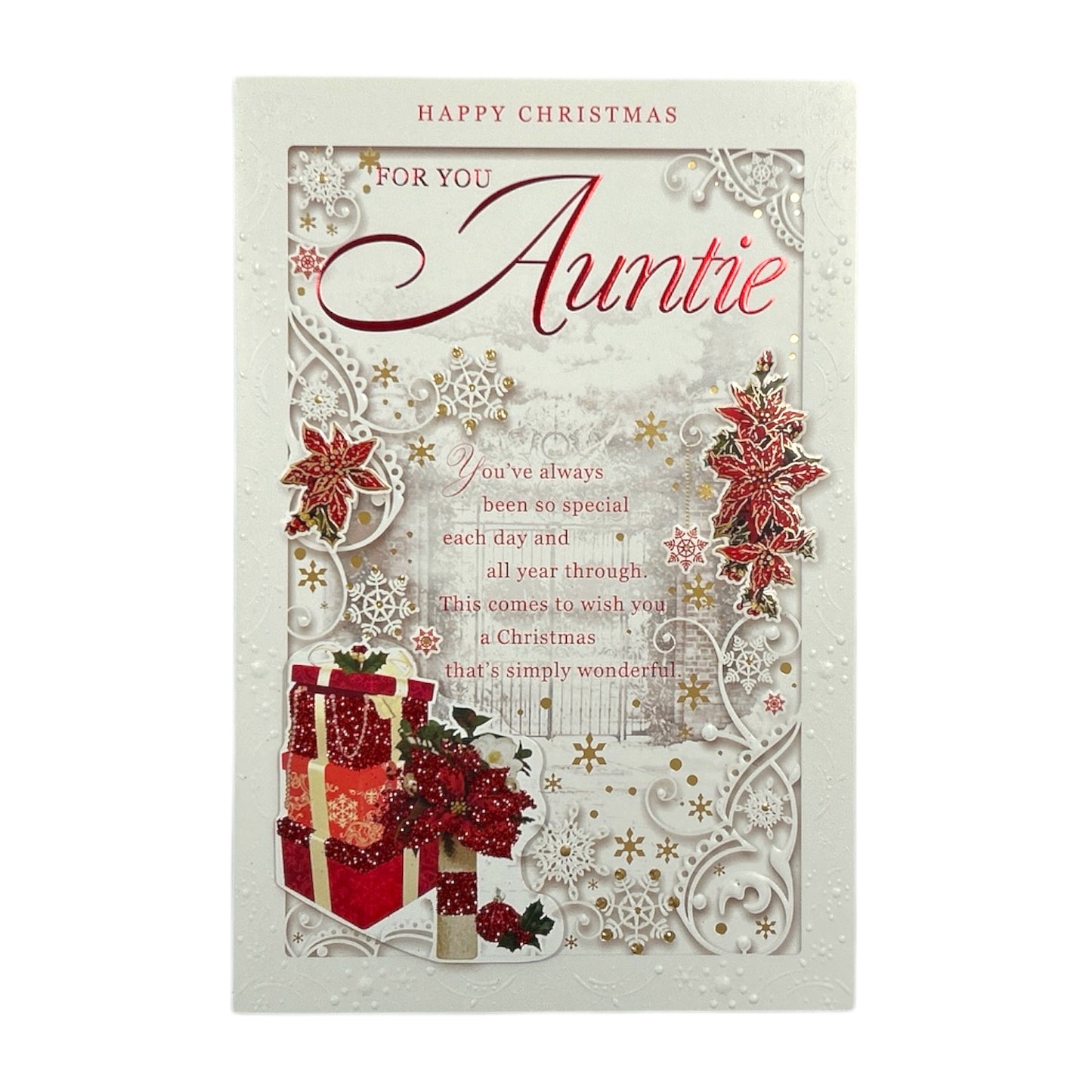 For You Auntie Poinsettias and Gifts Design Christmas Card